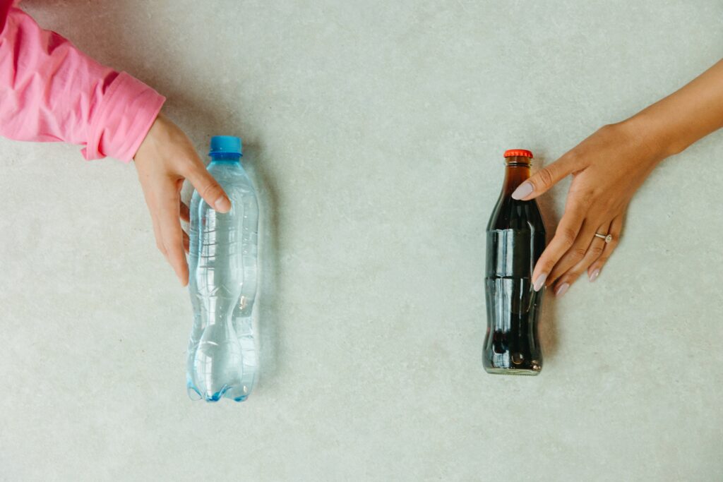 Plastic bottle and glass bottle