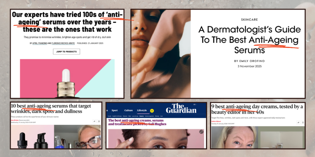 The cult of anti-ageing. Images from magazines testing anti-aging beauty products